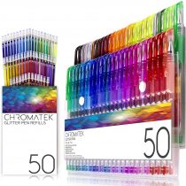 Glitter Pens 100 Set by Chromatek. Best Colors. 200% the Ink: 50 Gel Pens, 50 Refills. Super Glittery Ultra Vivid Colors. No Repeats. Professional Art Pens. New and Improved. Perfect Gift!