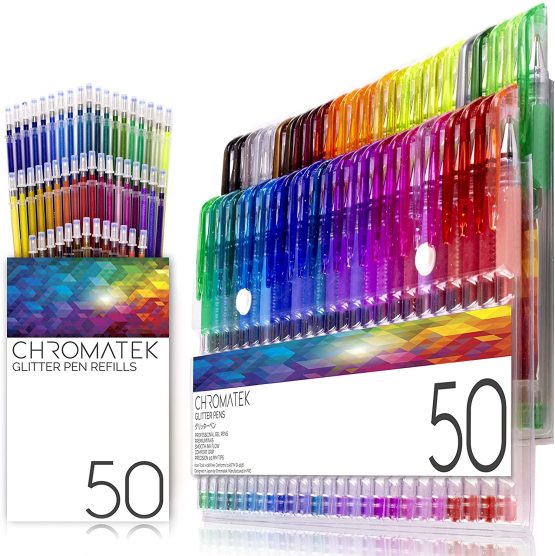Glitter Pens 100 Set by Chromatek. Best Colors. 200% the Ink: 50 Gel Pens, 50 Refills. Super Glittery Ultra Vivid Colors. No Repeats. Professional Art Pens. New and Improved. Perfect Gift!