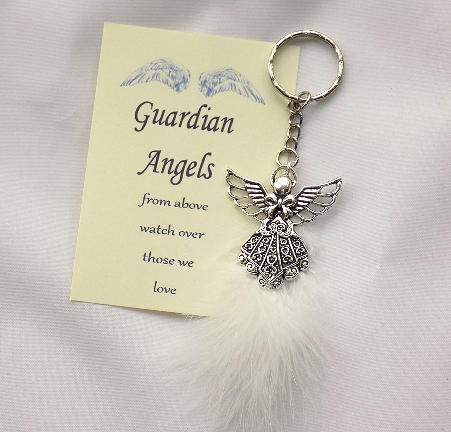 Gregory Crafts & Gifts Guardian Angel Keyring with White Feather detail, Silver