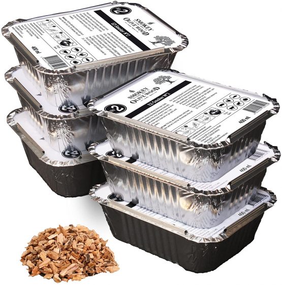 Smokey Olive Wood 6 x 400ml Olive Wood Smoking Chips, medium grain size 5 mm - 1 cm, ready-to-use in the handy EZ-Smoker