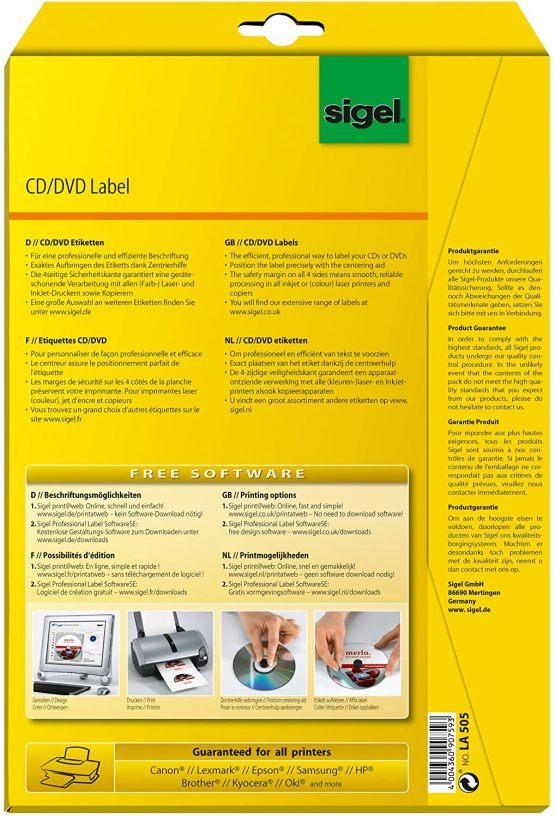 SIGEL LA505 Universal CD/DVD Labels with centering aid, Ø 11.7 cm (center Ø 1.7 cm), 50 lbl = 25 sheets, white - Image 2