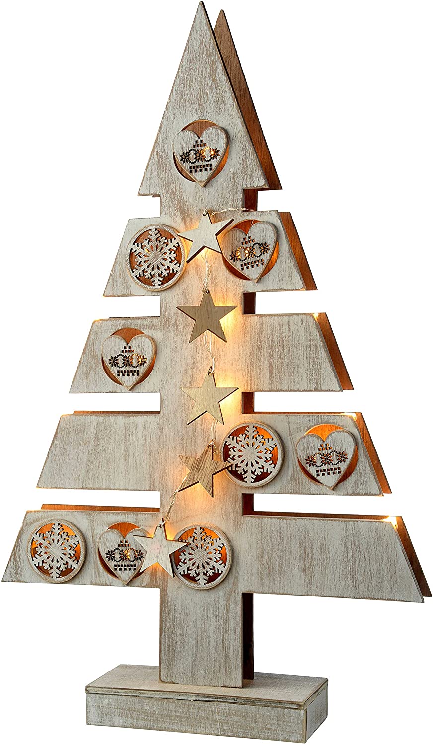 WeRChristmas Pre-Lit Star and Heart Christmas Tree Table Decoration, Wood, 47 cm - White, 29.5 x 5.5 x 47 cm