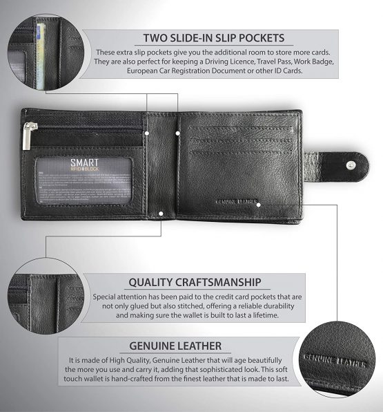 Koruma Mens Premium Genuine Leather Horizontal Wallet Smart Credit Card Blocker and Coin Pocket with RFID TUV Certified – Black 3-in-1 Wallet - Image 4