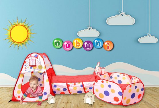NUBUNI 3pc Kids Play Tent Crawl Tunnel and Ball Pit Pop Up Playhouse Tent with 2 Basketball Hoop for Girls, Boys, Babies, and Toddlers for Indoor and Outdoor Use with Carrying Case - Image 4