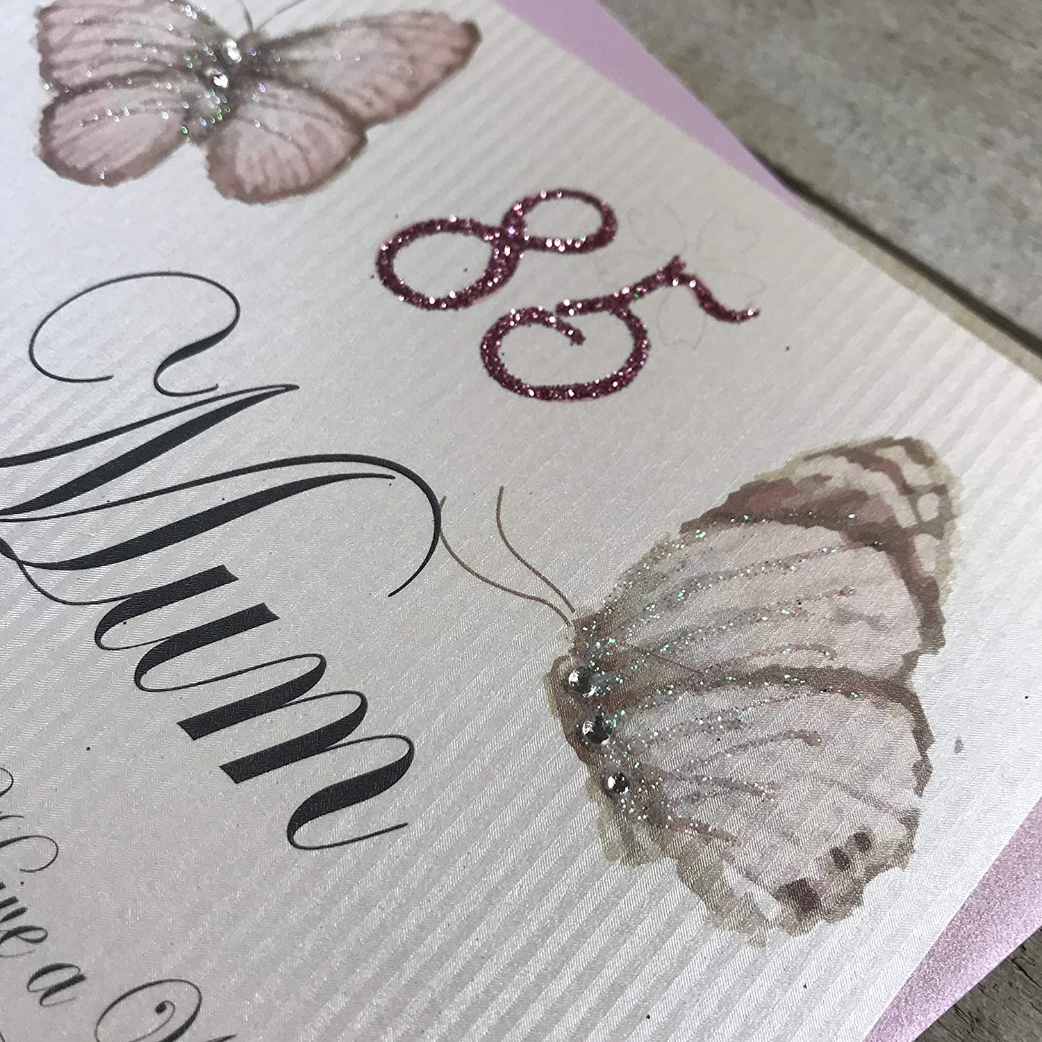 white cotton cards Handmade 85 Mum Have a Wonderful Birthday Vintage Butterflies 85th Birthday Card, White, PM85 - Image 3