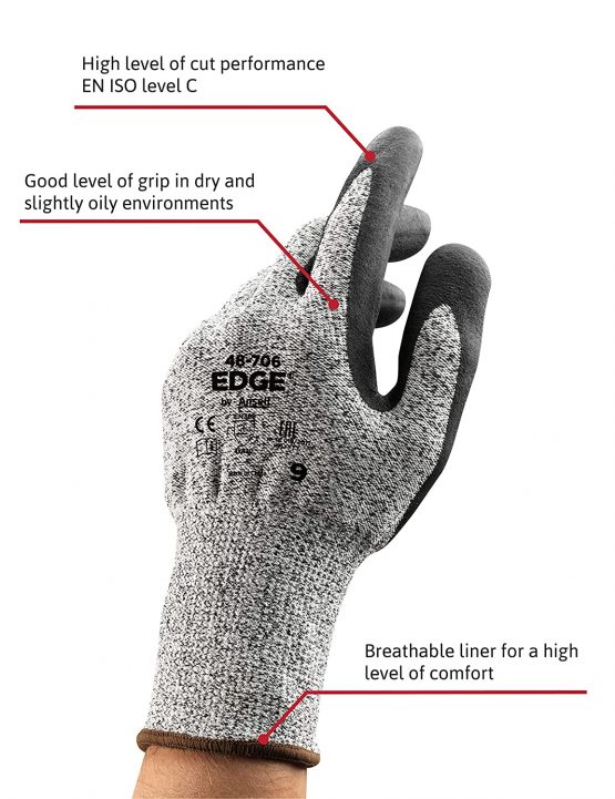Ansell EDGE 48-706 Work Gloves for Men and Women High Cut resistance for Industrial, Home Improvement and DIY Jobs, Grey/Black, Size 11 (12 Pairs) - Image 2