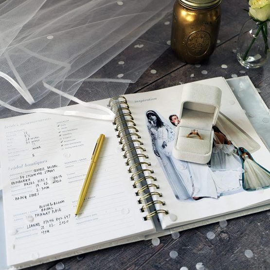 Busy B Wedding Planner - Beautiful white & gold spiral-bound wedding organiser with 6 tabbed sections and storage pockets. Perfect engagement gift. - Image 3