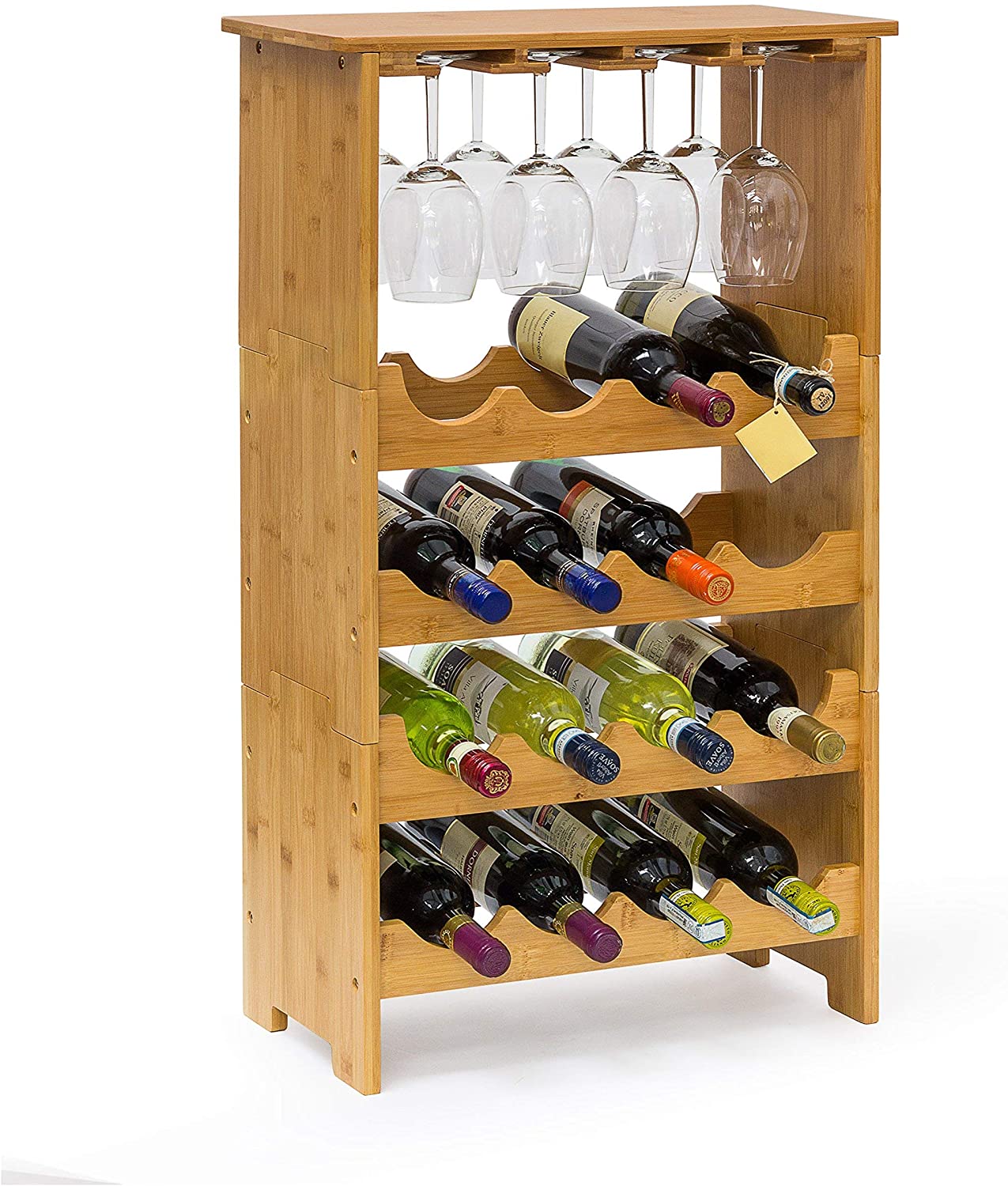 Relaxdays Bamboo Wine Rack 84 x 50 x 24 cm Bottle Holder with Wine Glass Holder, For 16 Bottles And 12 Wine Glasses, Natural Brown
