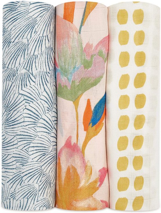 aden + anais silky soft Muslin Swaddle & Receiving Blankets for Baby Girls & Boys, 120x120cm, Ideal Newborn & Infant Swaddling Wrap Set of Bamboo Viscose, Perfect Shower Gifts, 3 Pack, marine gardens