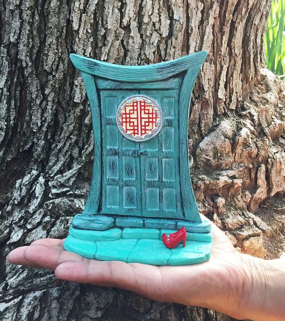 GlitZGlam Miniature Zen Fairy Door for Miniature Garden Fairies and Gnomes - Beautiful Turquoise Asian-Style Zen Fairy Miniature Door with Removable Red Fairy Shoes - Image 2