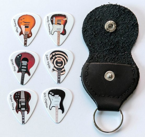 Famous Electric Guitars 6 Guitar Picks Double Sided With Leather Plectrum Holder Keyring - Image 4
