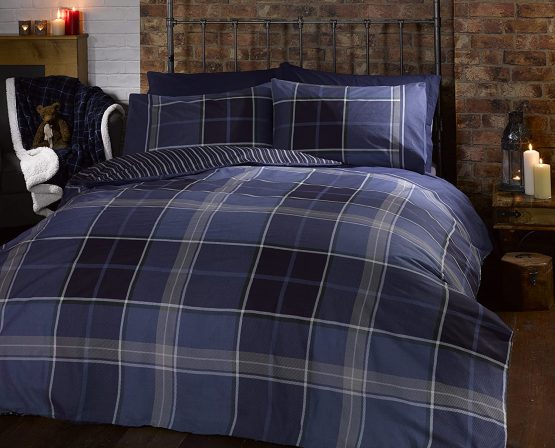 Argyle King Size Quilt Duvet Cover and 2 Pillowcase Reversible Bedding Bed Set, Tartan Check - Blue