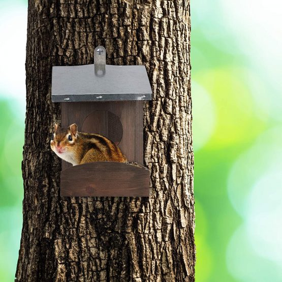 Relaxdays, Dark Brown Squirrel Feeder, Wooden House, Weatherproof Metal Roof, Hanging, Garden Feeding Station - Image 2