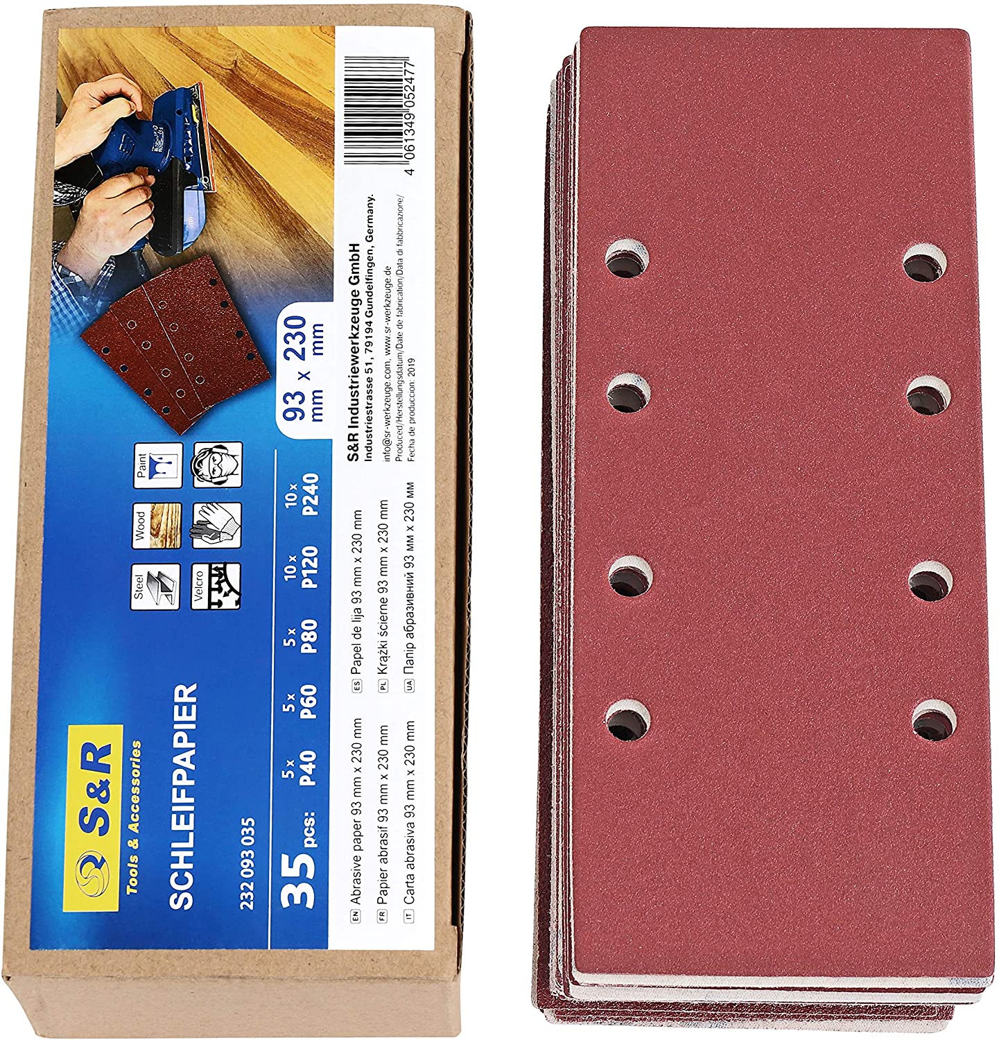 S&R Sanding Sheets - Mixed Grit 40/60/80/120/240, brown, 93 mm x 230 mm, 35 Sheets - Image 3