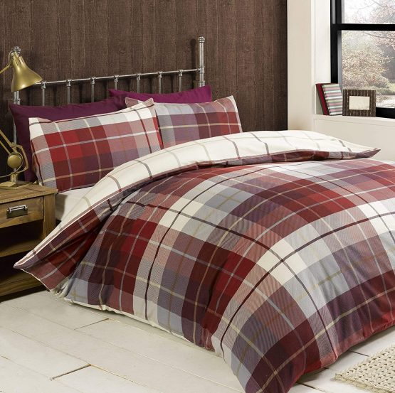 Rapport Home Lomond Check 100 Percent Brushed Cotton Duvet Set, Red, Double