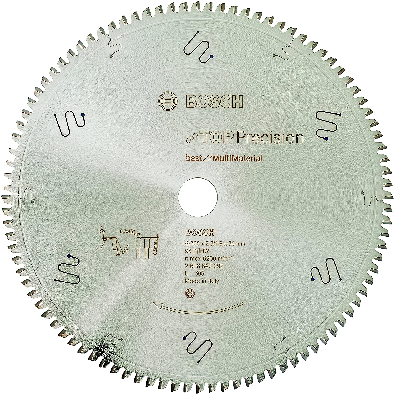 Bosch 2608642099 305 x 30 x 2.3/1.8 mm 96T Top Precision Sawing for Multi-Material, Silver, 305 x 30 x 2.3 mm