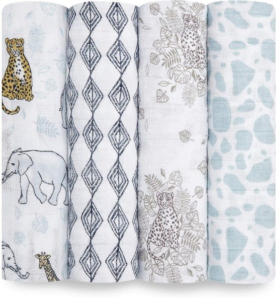aden + anais 100% Cotton Muslin Swaddle & Receiving Blankets for Baby Girls & Boys, 120x120cm, Ideal Newborn & Infant Swaddling Wrap Set, Perfect Shower Gifts, 4 Pack, Jungle