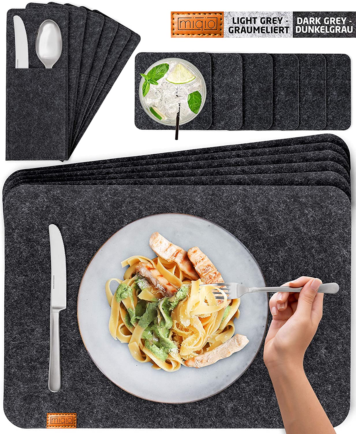 MIQIO® Scandi Style Felt Place Mats with real Leather Label - Washable, Dark Grey / Rectangular, Set of 6 with accessories