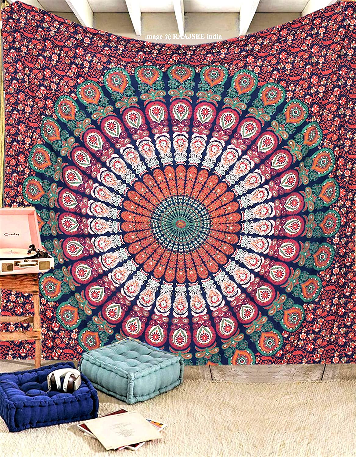 raajsee Indian Cotton Blue Orange Tapestry Mandala Wall Hangings, Boho Throw Bohemian Bedding Queen Bedspread 140X210 CMS - Image 3