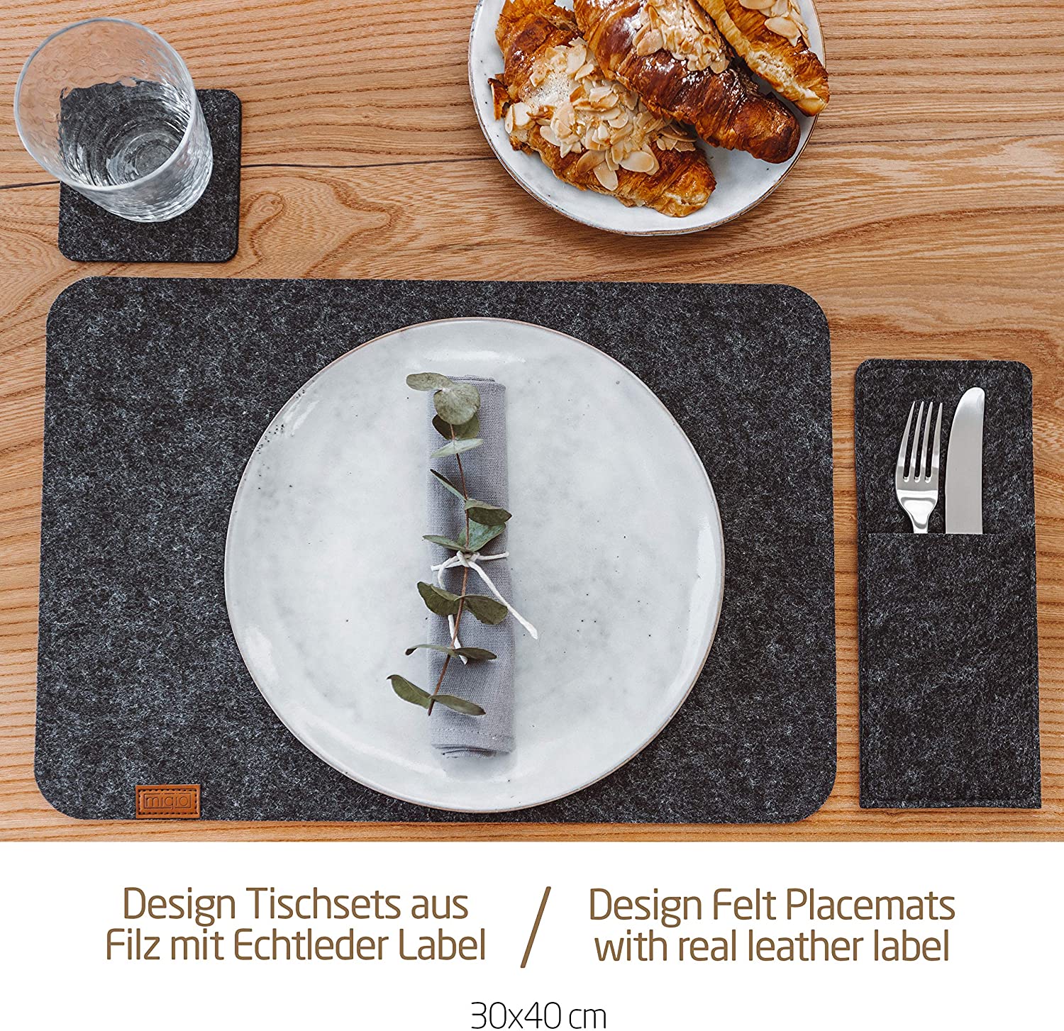 MIQIOᆴ Scandi Style Felt Place Mats with real Leather Label - Washable, Dark Grey / Rectangular, Set of 4 with accessories - Image 3