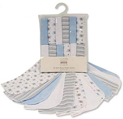 Cotton Baby Girl Boy Unisex Washcloths | Extra Soft and Ultra Absorbent Terry Bath Towel | 12pcs Gift Pack | Pink, Blue, Grey & White Available (Blue)