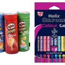 Helix Pringles Pencil Case & Helix Oxford Colour Gel Pens (10 Pack of Assorted Colours)