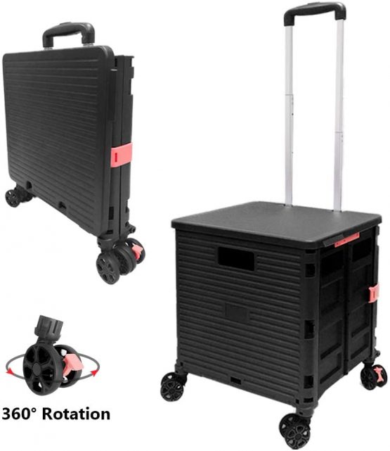 Foldable Shopping Trolley Box on Wheels with Lid Wear-Resistant Noiseless 360°Rotate Wheel & Adjustable Aluminum Alloy Handle Folding Boot Cart, 45KG/99LBS Load Capacity, Portable Durable Trolley