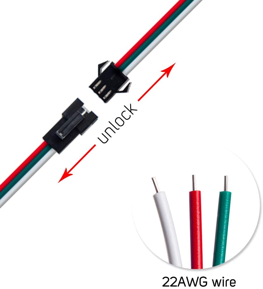 BTF-LIGHTING JST SM 3 Pin Connectors for WS2812B WS2811 WS2812 LED Strip Female Male 15cm 20awg Wire 20pairs - Image 2