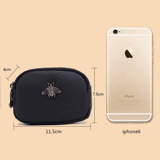 Women's Genuine Leather Coin Purse - Double Zipper Bee Change Pouch Wallet Card Holder Coin Bag Mini Simple Cute Coin Pocket Useful for Ladies Female (Black) - Image 4