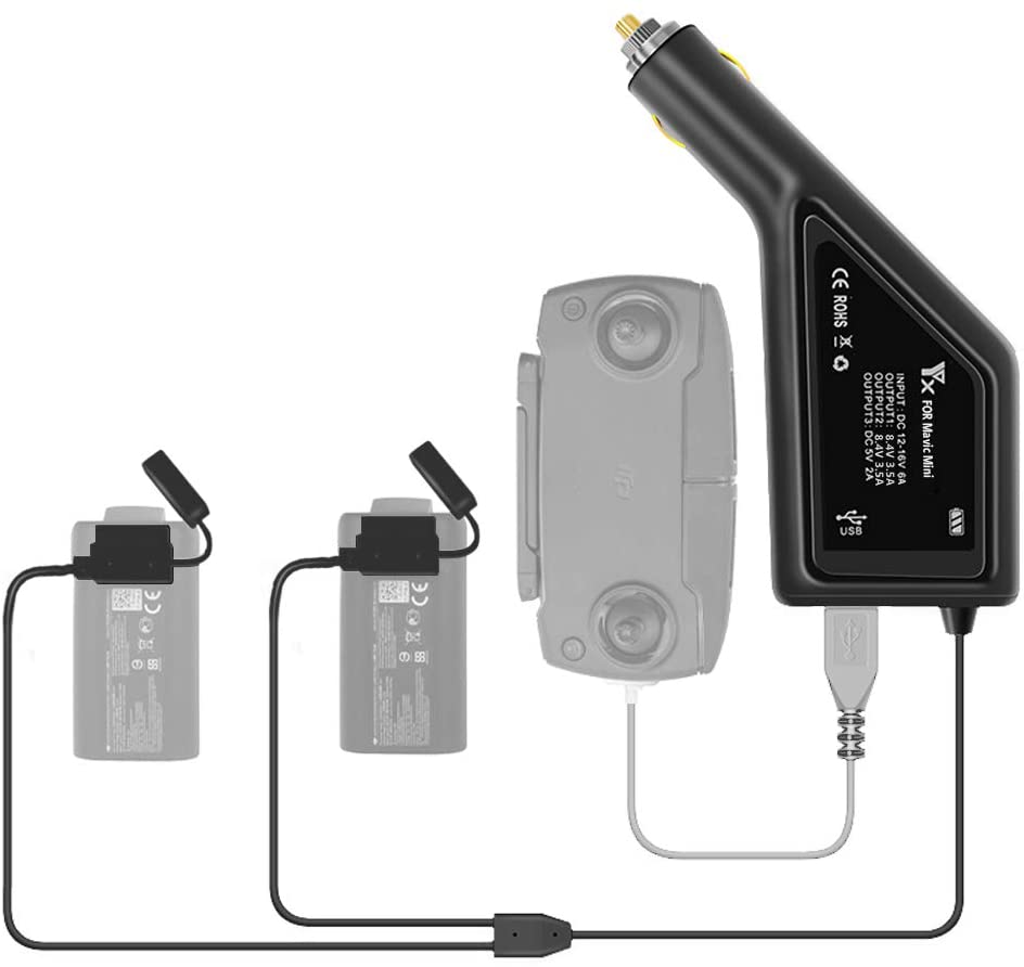 Onewer Car Charger for DJI Mavic Mini Drone (not for mini 2/3/4), Charging Adapter for 2 Flight Batteries + 1 Remote Controller (Black) - Image 2
