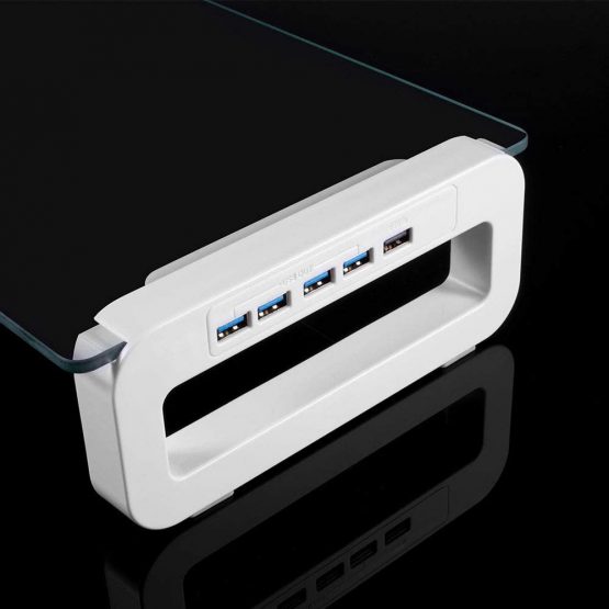 Monitor Stand Riser, 4-Port USB 3.0 Hub Tempered Glass Monitor Stand Quick Charge 5Gbps High-speed Data Transfer Desk Organizer Laptop Stand Keyboard Tray with USB Cable for PC Laptop MacBook (White) - Image 3