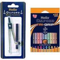Helix Oxford Compass and Pencil & Helix Oxford Tri-Grip Pens (10 Pack of Assorted Colours)