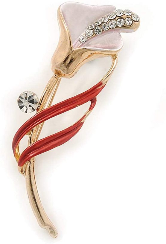 Avalaya Delicate Pink/Coral Crystal Calla Lily Brooch in Gold Plating - 55mm L