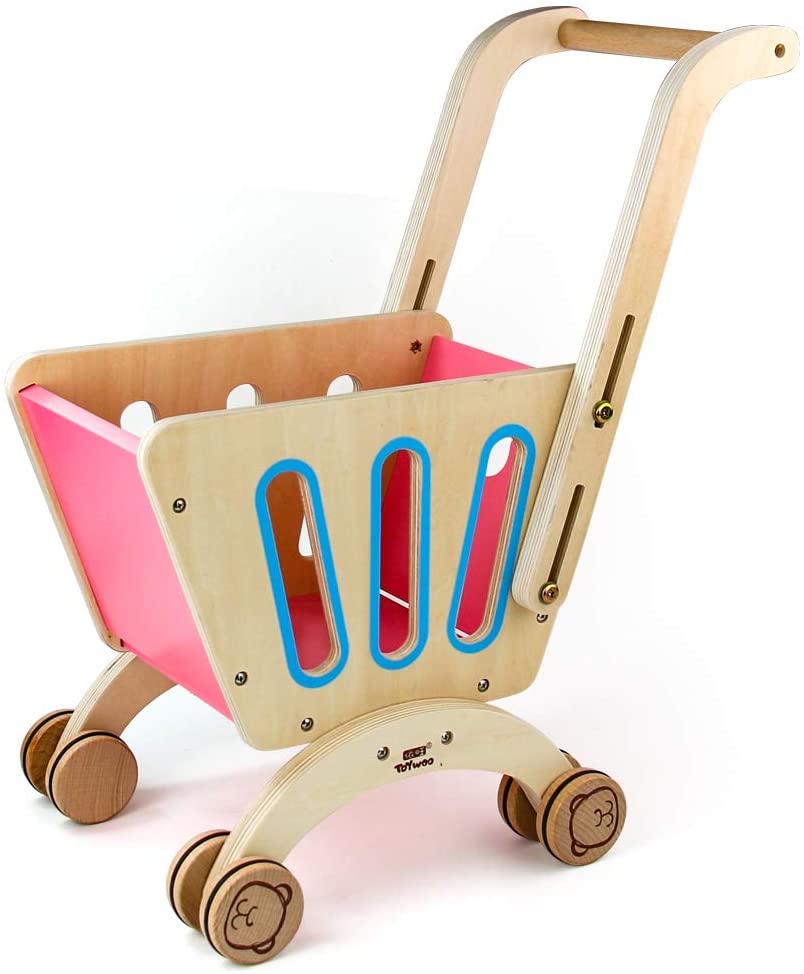 Jerryvon Kids Wooden Shopping Trolley Cart Toy Children Grocery Cart ...