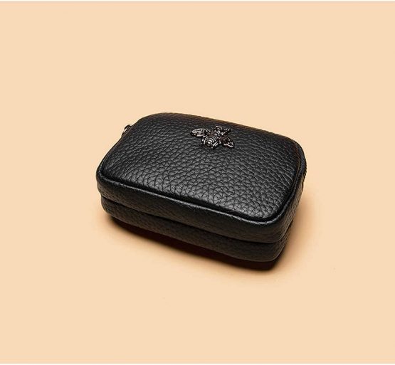 Women's Genuine Leather Coin Purse - Double Zipper Bee Change Pouch Wallet Card Holder Coin Bag Mini Simple Cute Coin Pocket Useful for Ladies Female (Black) - Image 2