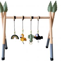 HB Baby Wooden Play Gym with 4 PCS Pendant Toys 4 PCS Covers Handmade Foldable Frame + 4PCS Teethers + 4PCS Leaf Hats Rattle Rings Sensory Toy Activity Gift (Grey&Green)