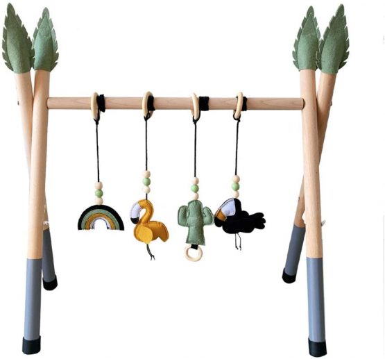 HB Baby Wooden Play Gym with 4 PCS Pendant Toys 4 PCS Covers Handmade Foldable Frame + 4PCS Teethers + 4PCS Leaf Hats Rattle Rings Sensory Toy Activity Gift (Grey&Green)