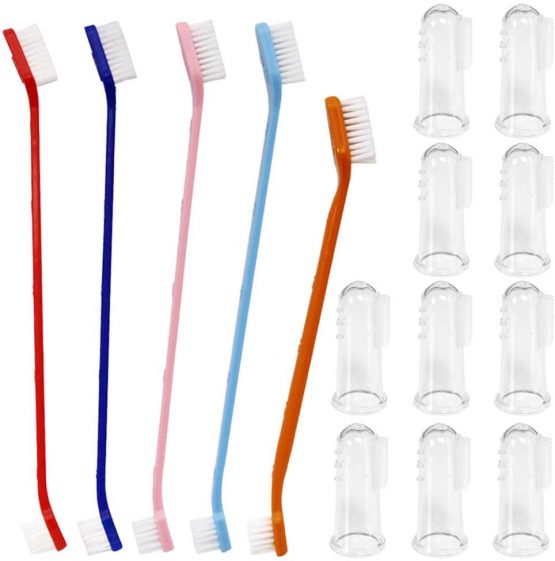 SourceTon Set of 15, Pet Toothbrush Set, 5 Dual Headed Toothbrush Dog Toothbrush and 10 Finger Toothbrush, for Dental Care of Dog & Cat