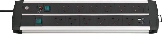 Brennenstuhl Premium-Duo-ALU-Line Technics Extension Socket with Safety Fuse Button and USB-Charger 2x6-way 3m H05VV-F 3G1.5 *GB*