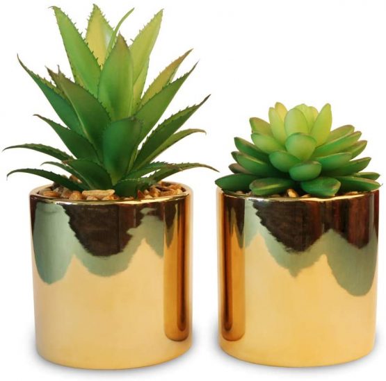 HelaCueil Artificial Succulent Plants in Stoneware Ceramic Planters Pots - Set of 2