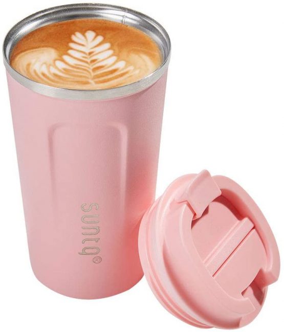 SUNTQ Reusable Coffee Cups Travel - Coffee Travel Mug with Leakproof Lid - Thermal Mug Insulated Cup - Stainless Steel Coffee Travel Cup - for Hot and Cold Drinks, 13oz/380ml, Pink