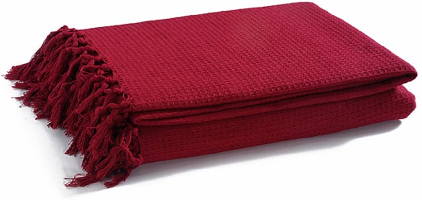 EHC Waffle Cotton Woven King Size Sofa Throw 3 Seater Sofa/Chair/Double Bed, 228 x 254 cm, Wine, King(225 x 250 cm)