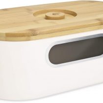 Navaris Bread Bin with Bamboo Lid - Green Colour Metal Storage Container with Window and Wooden Chopping Board Lid - Vintage Style Kitchen Box Tin