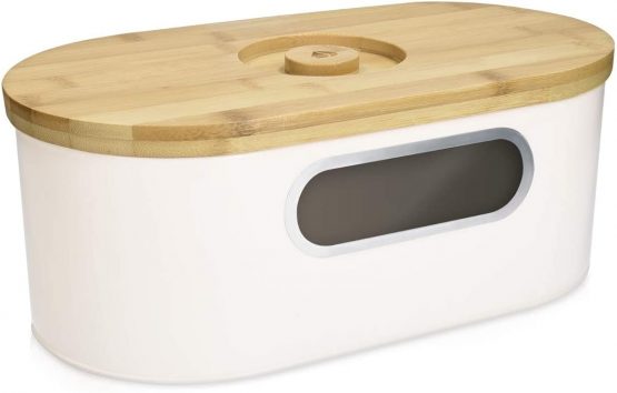 Navaris Bread Bin with Bamboo Lid - Green Colour Metal Storage Container with Window and Wooden Chopping Board Lid - Vintage Style Kitchen Box Tin