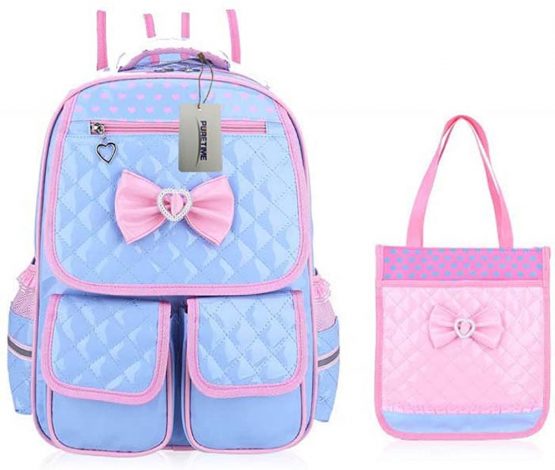 Puretime Girls Cute Pu Leather School Backpack Satchel Waterproof Travel Bag for Teenage Girls Princess Style