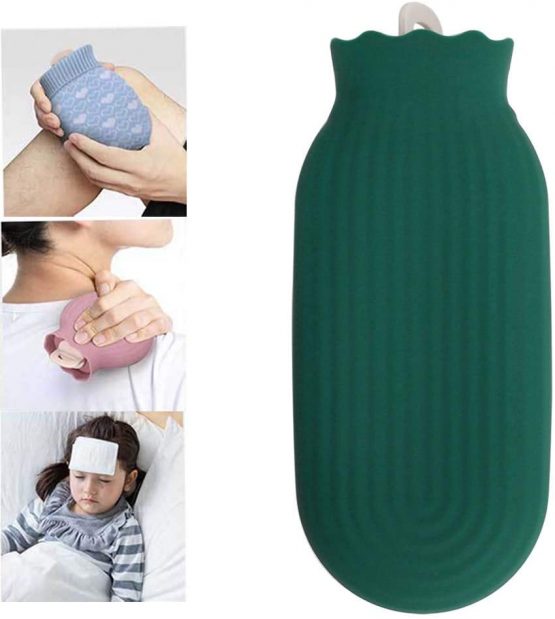 Mini Silicone Baby Hot Water Bag Pack Microwave Heating 550ml Hot/Cold Water Bottle with Knitted Cover Warm Your Hands Foot Stomach Pain Relief-Safety Tested, Green