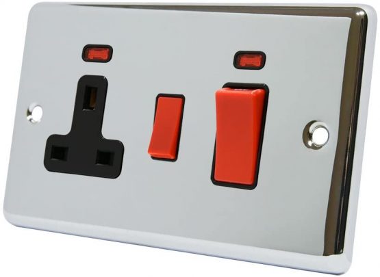 AET CPCCC2NBL Polished Chrome Classical Control Unit w Black Insert-2-Gang 45A Cooker 13A Switched Plug Socket and Neon Indicators, 240 V