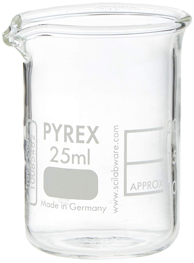 scilabware 090031 25 ml Pyrex Borosilicate Glass Beaker, Low Form, Transparent