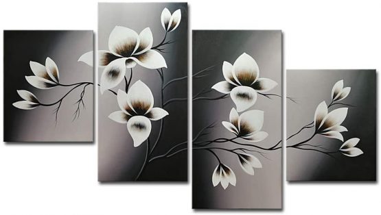 Wieco Art - Elegant Blooming Flowers 4 panels Modern 100% Hand Painted Floral Oil Paintings Artwork on Canvas Wall Art Set Ready to Hang for Living Room Bedroom Decor