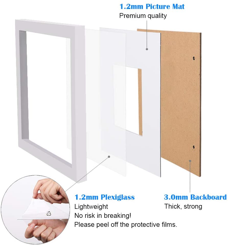 EGOFINE 14x11 Picture Frame,100% Solid Wood Frames with 10x8 Mat,14x11 Photo Frames with Acrylic Glass,35.6x27.9cm Poster Frame for Tabletop and Wall Mounting,White,4 Pack - Image 3